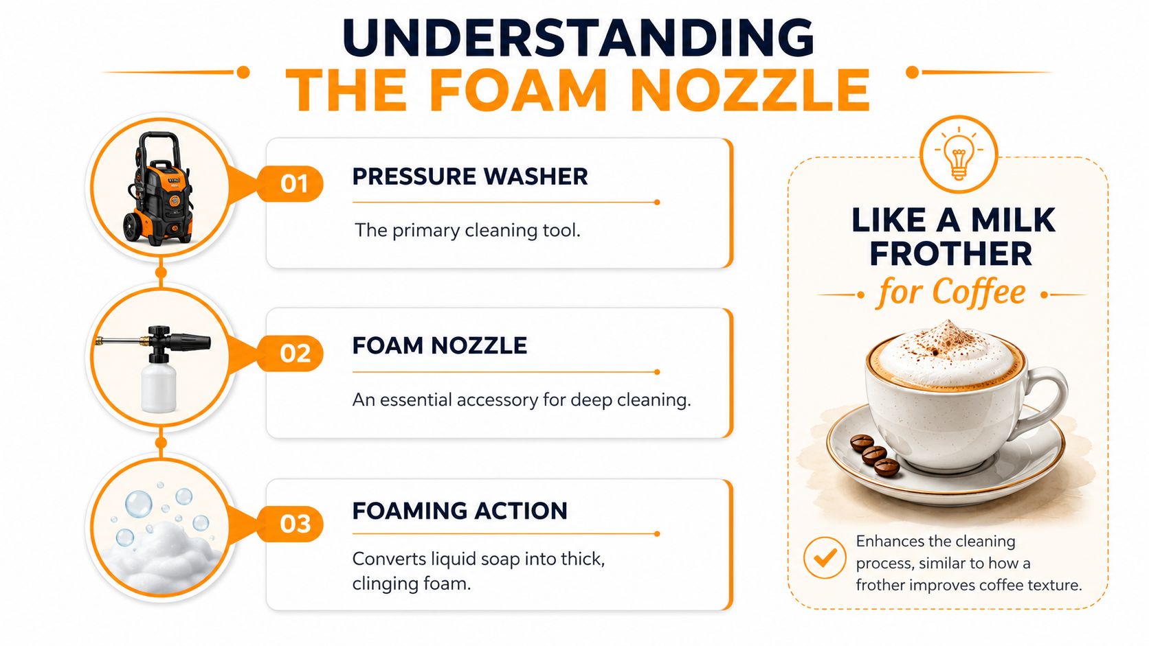 An infographic explaining how a pressure washer foam nozzle creates thick cleaning foam like a coffee frother.