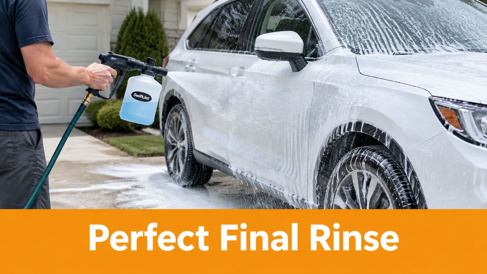 A person washing a white car with a foam spray nozzle attachment on a garden hose.