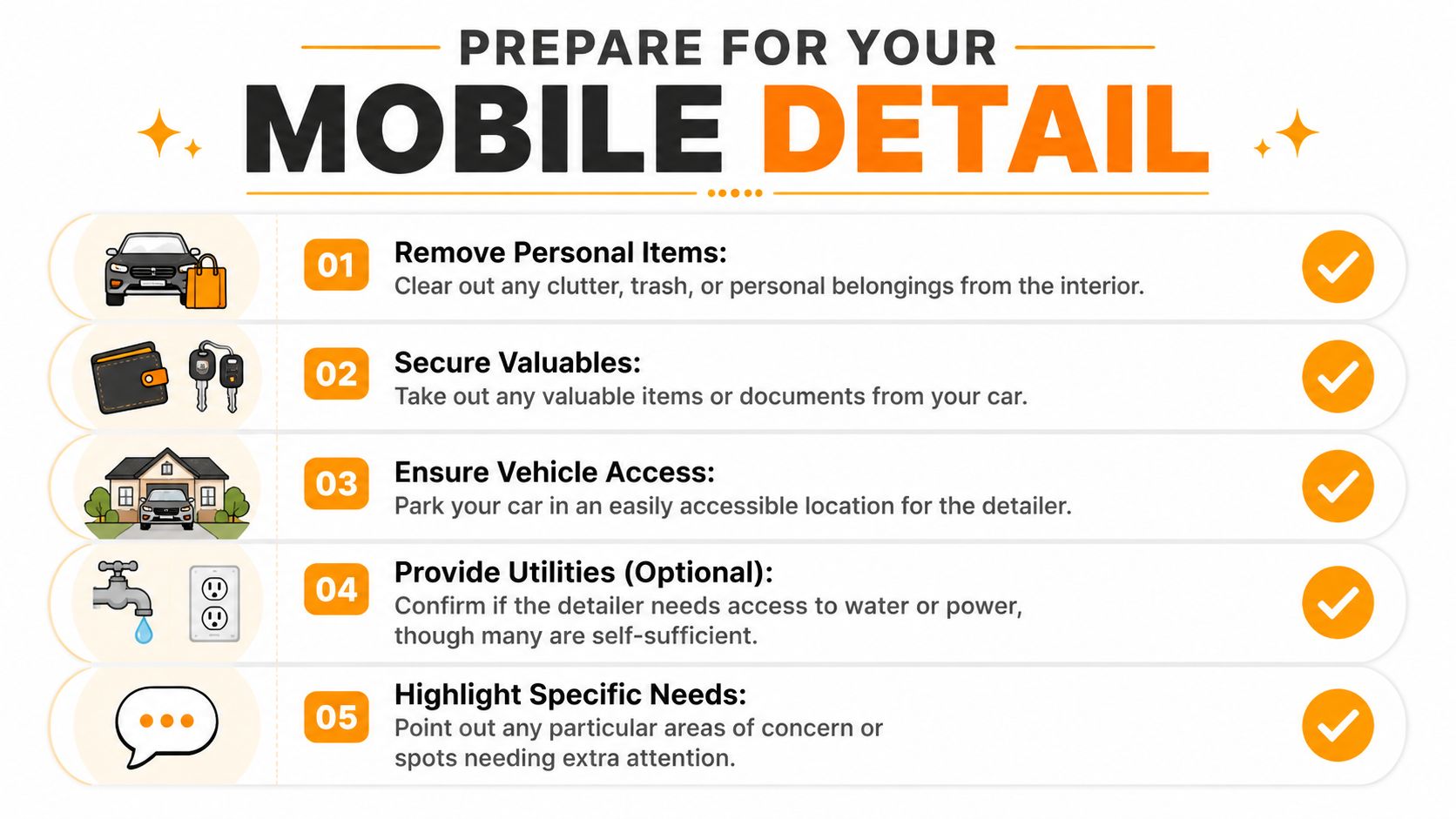 A checklist of five essential steps to prepare your vehicle for a professional mobile car detailing service.