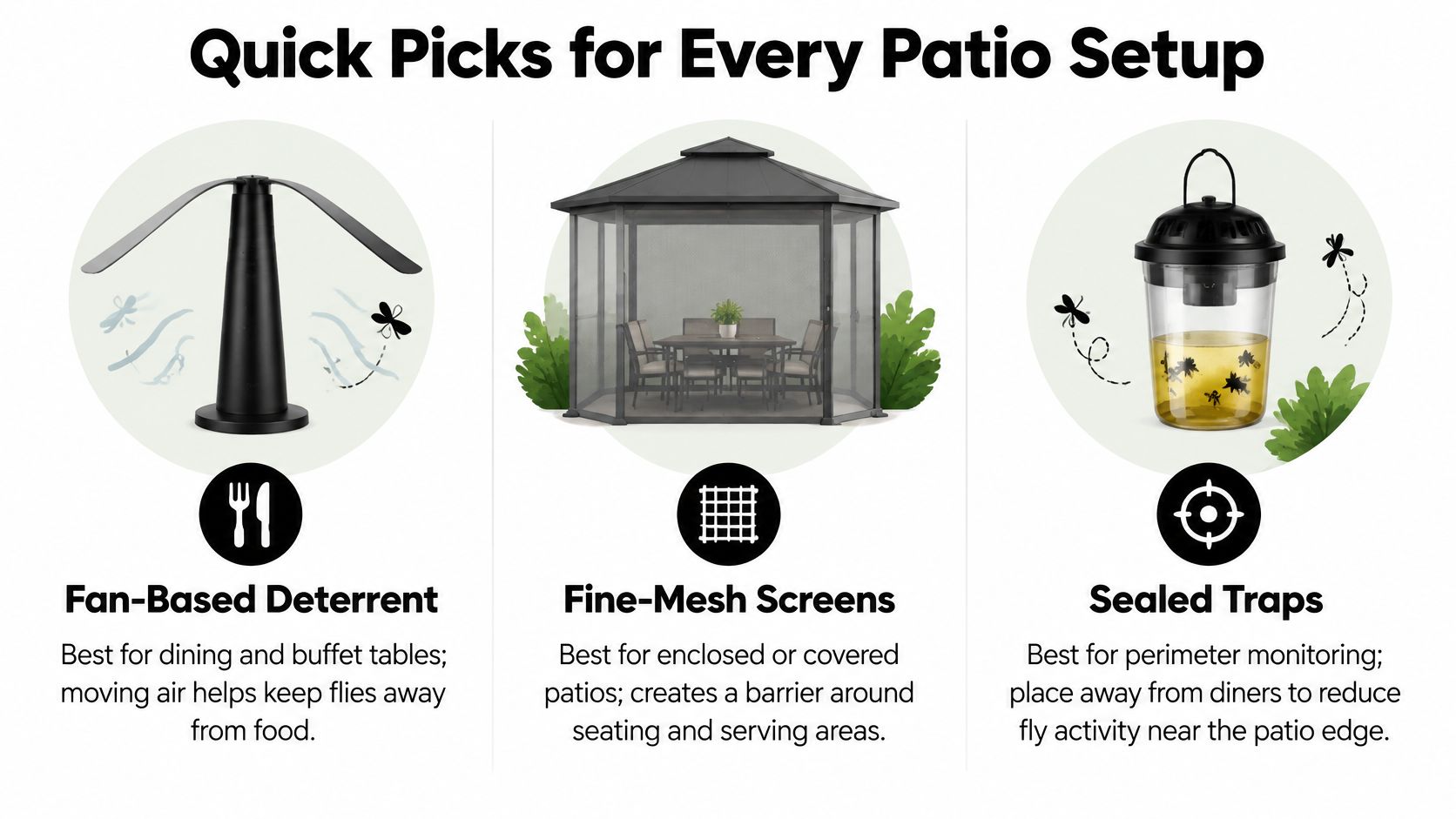 A guide showing three quick fly control options for patio setups including deterrent fans, mesh screens, and traps.