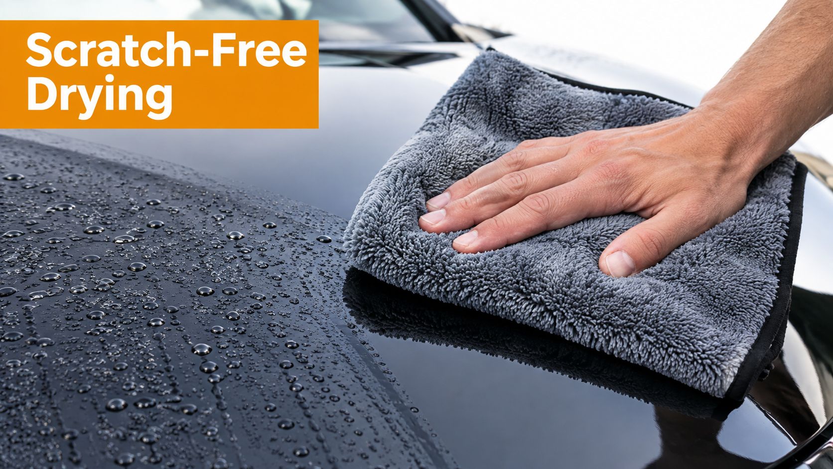 A person using a grey microfiber cloth to gently dry water droplets off a black car hood.