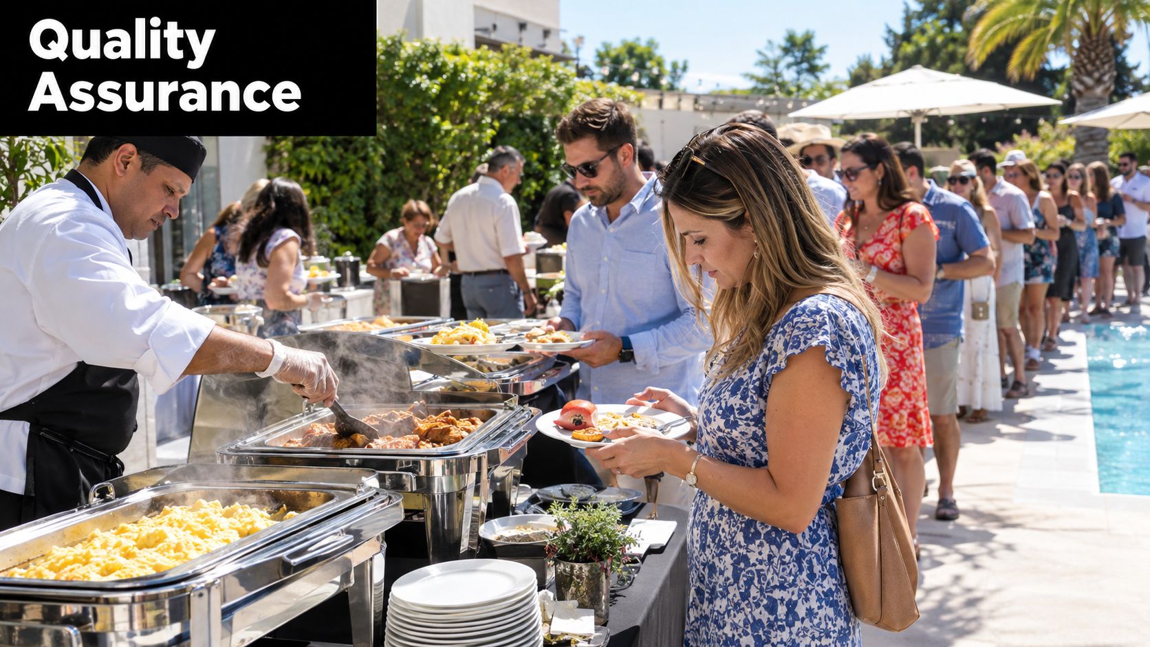 A chef serves food from a buffet line to guests at an outdoor poolside event catering service.
