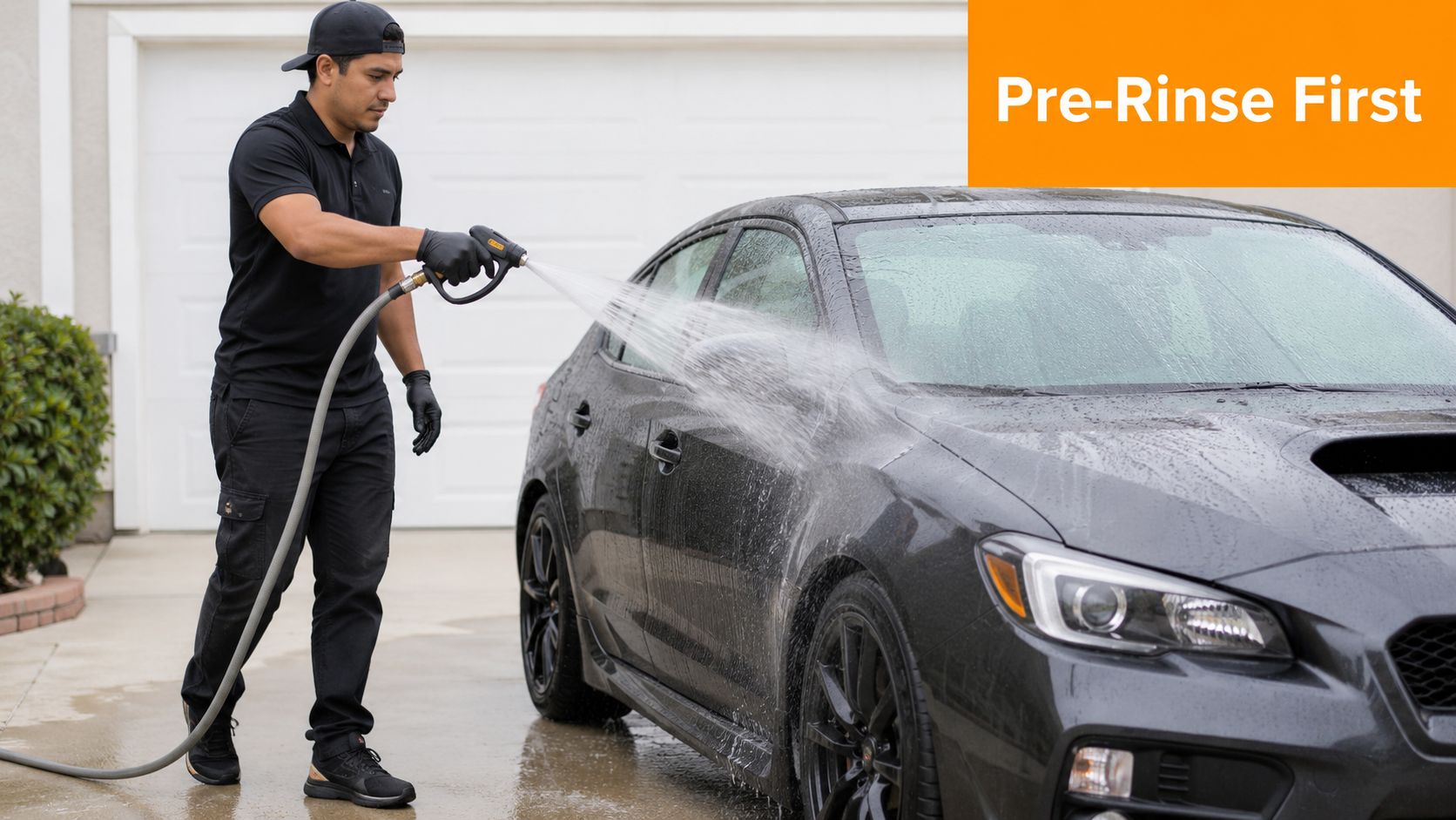 A professional detailer in black uniform spraying water onto a dark grey car during a pre-rinse.