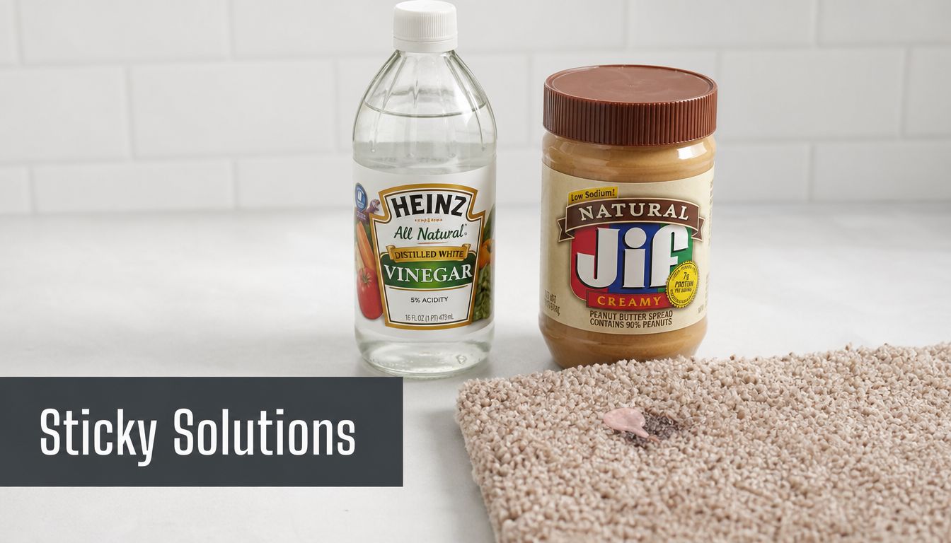 A bottle of white vinegar and a jar of Jif peanut butter sitting on a surface next to a stain on a carpet.
