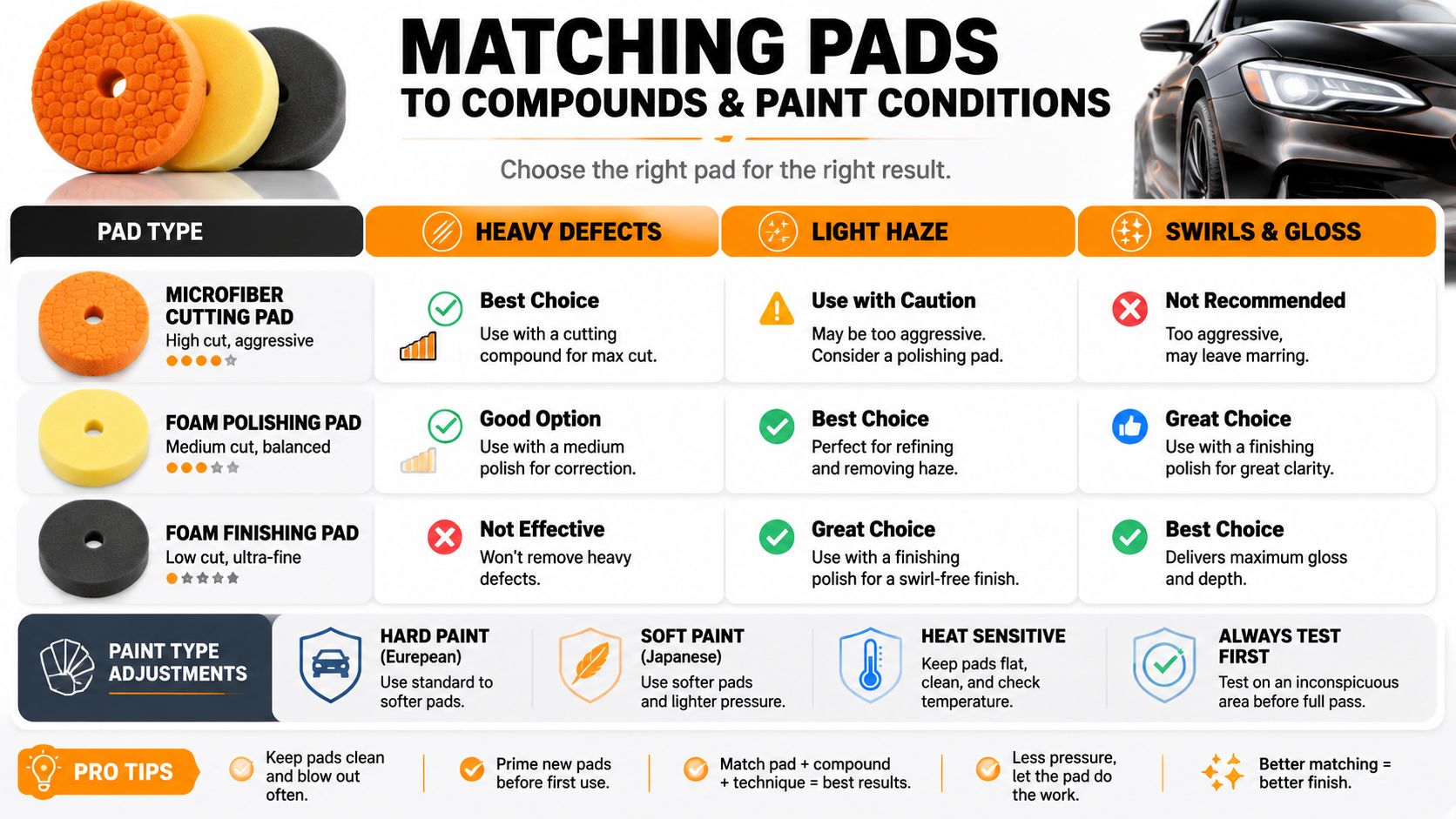 A car detailing guide chart comparing different pad types for managing heavy defects, light haze, and swirls.