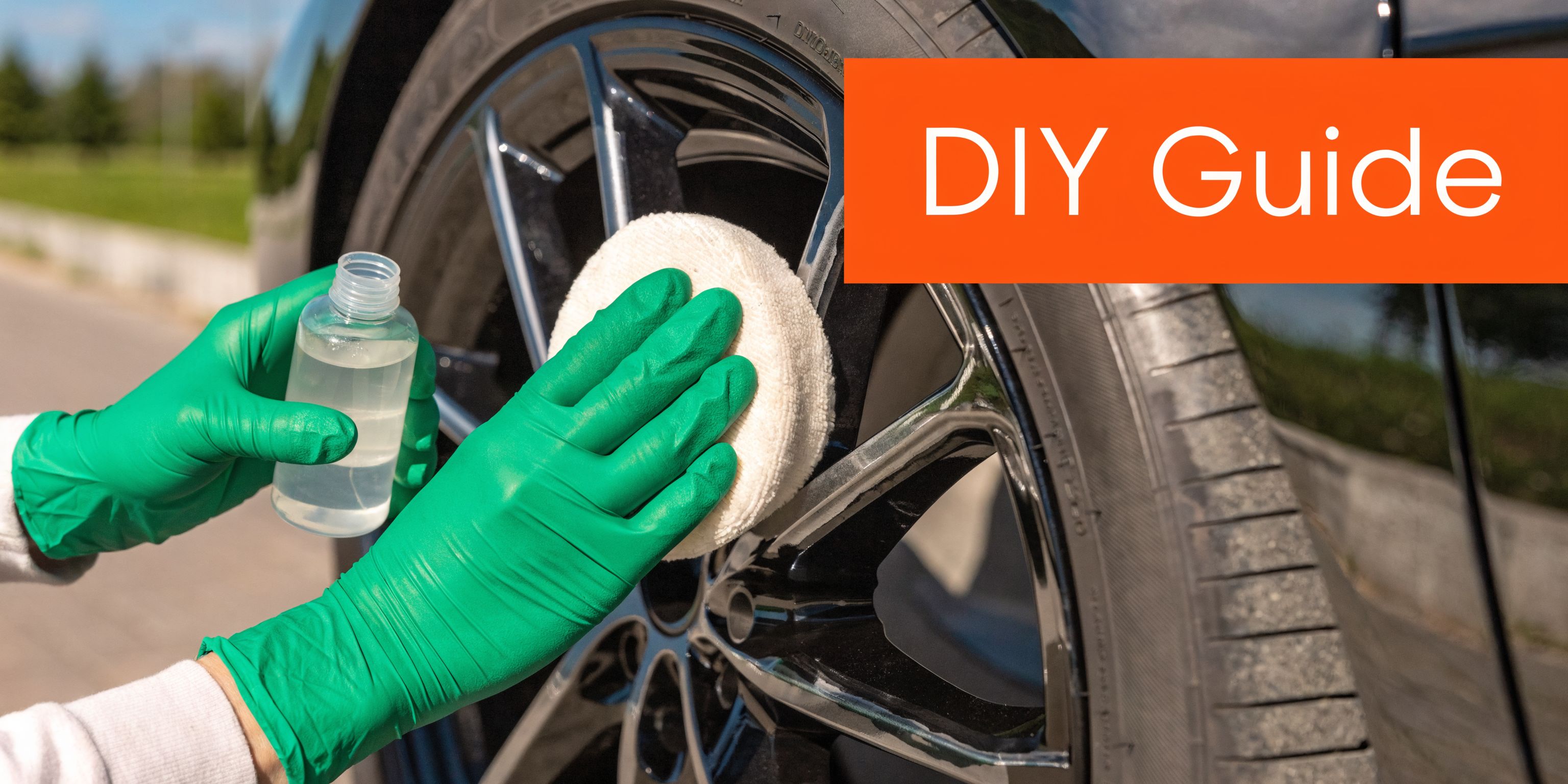 A person wearing green gloves applies a protective ceramic coating to a shiny car wheel rim.