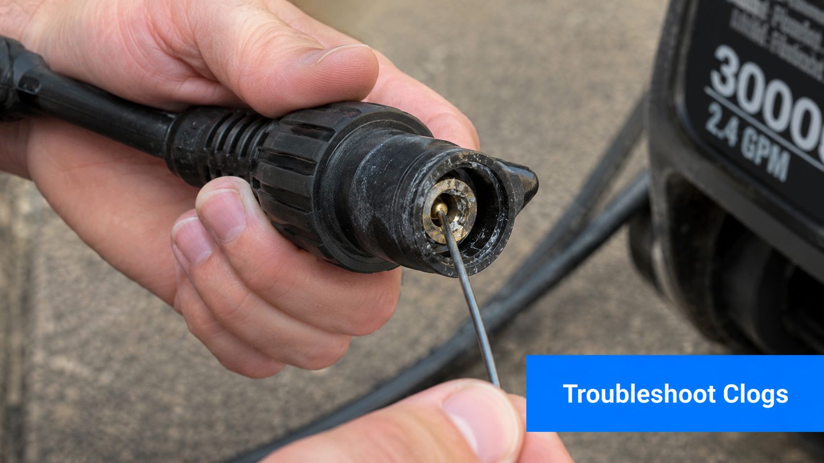 A person using a small wire tool to clear a clog from a pressure washer nozzle tip.