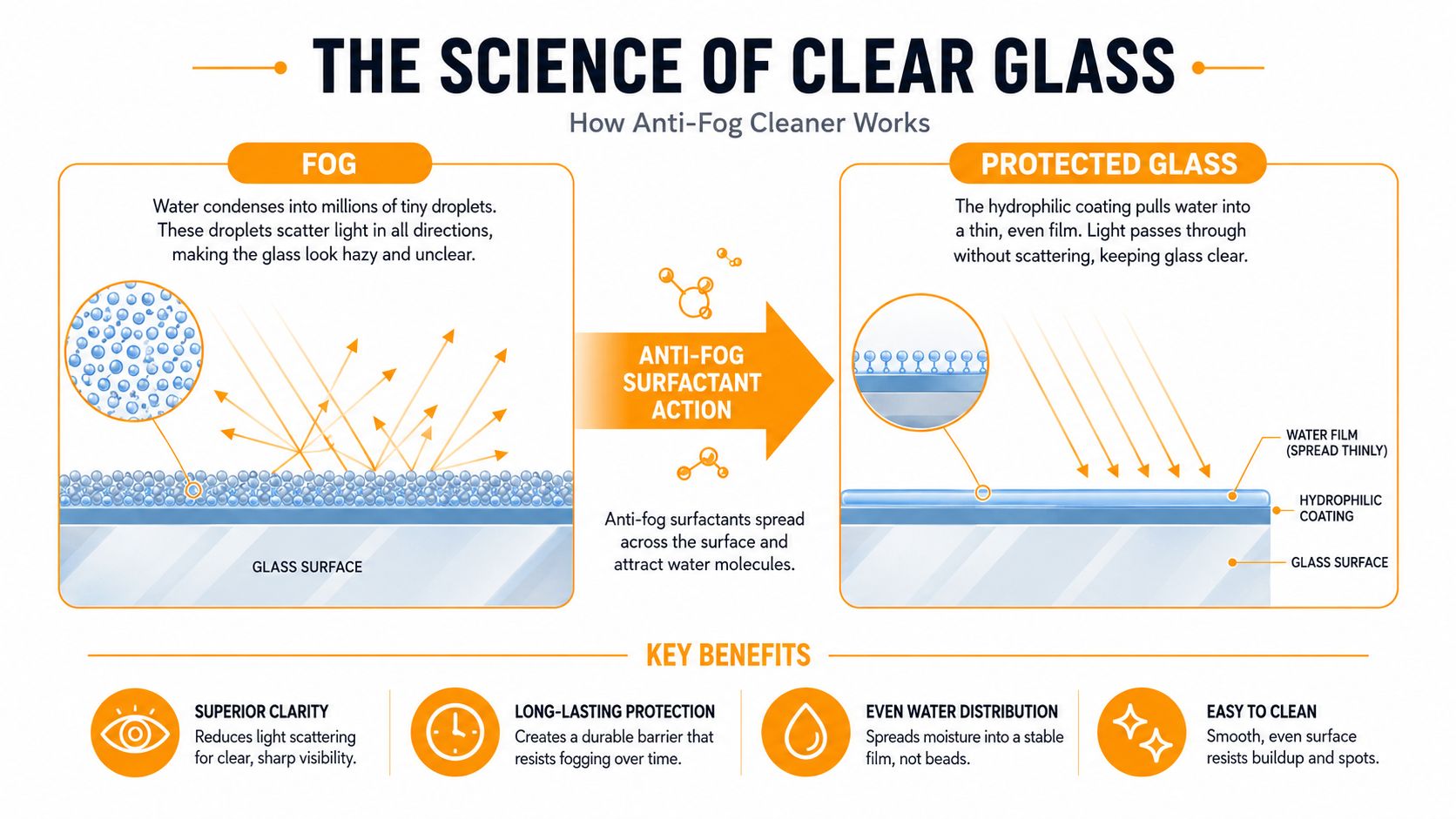 A diagram explaining the science of anti-fog glass cleaners showing how hydrophilic coatings prevent light scattering.
