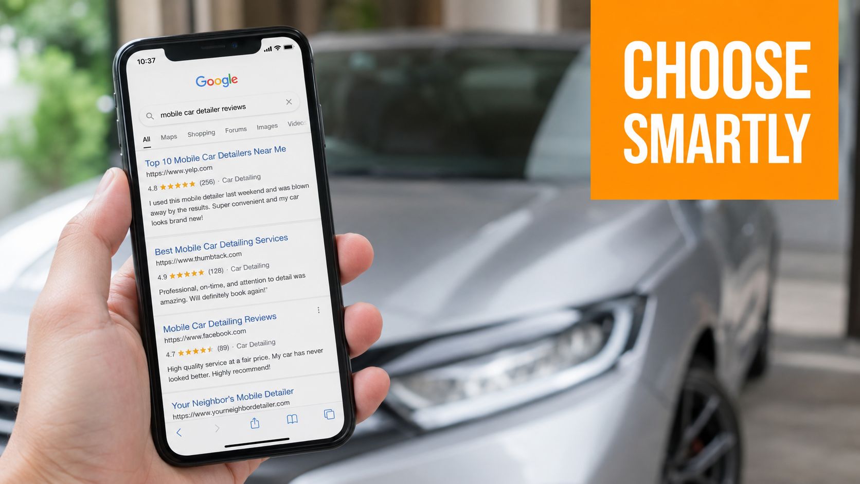 A hand holding a smartphone showing Google search results for mobile car detailer reviews near a car.