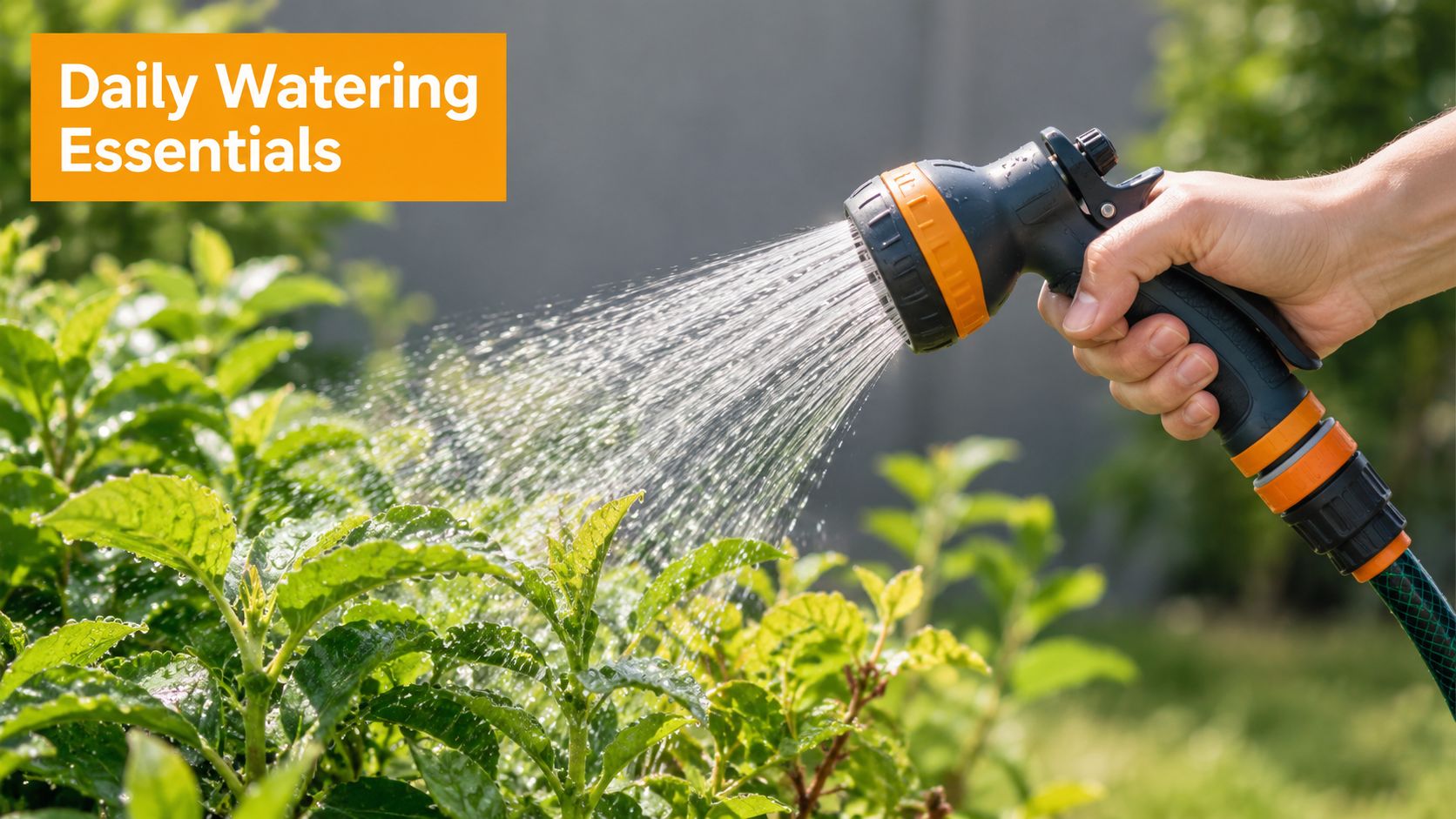 A close-up view of a person using a garden hose nozzle to spray water on green plants.