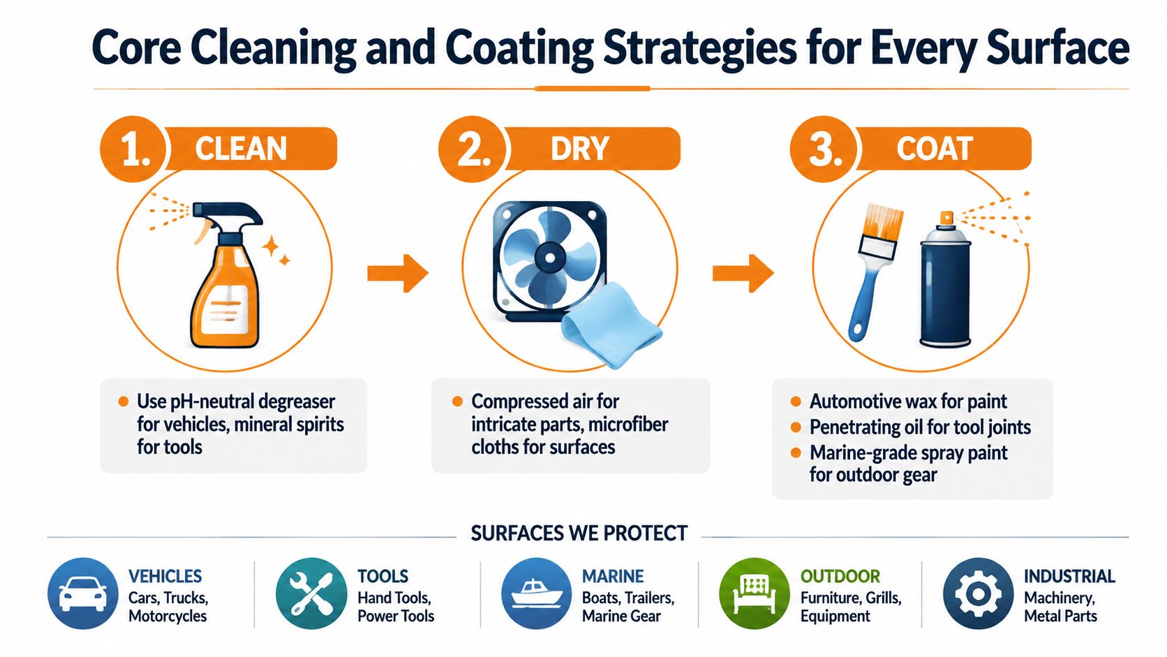 An infographic showing a three-step process to clean, dry, and coat various surfaces to prevent rust.