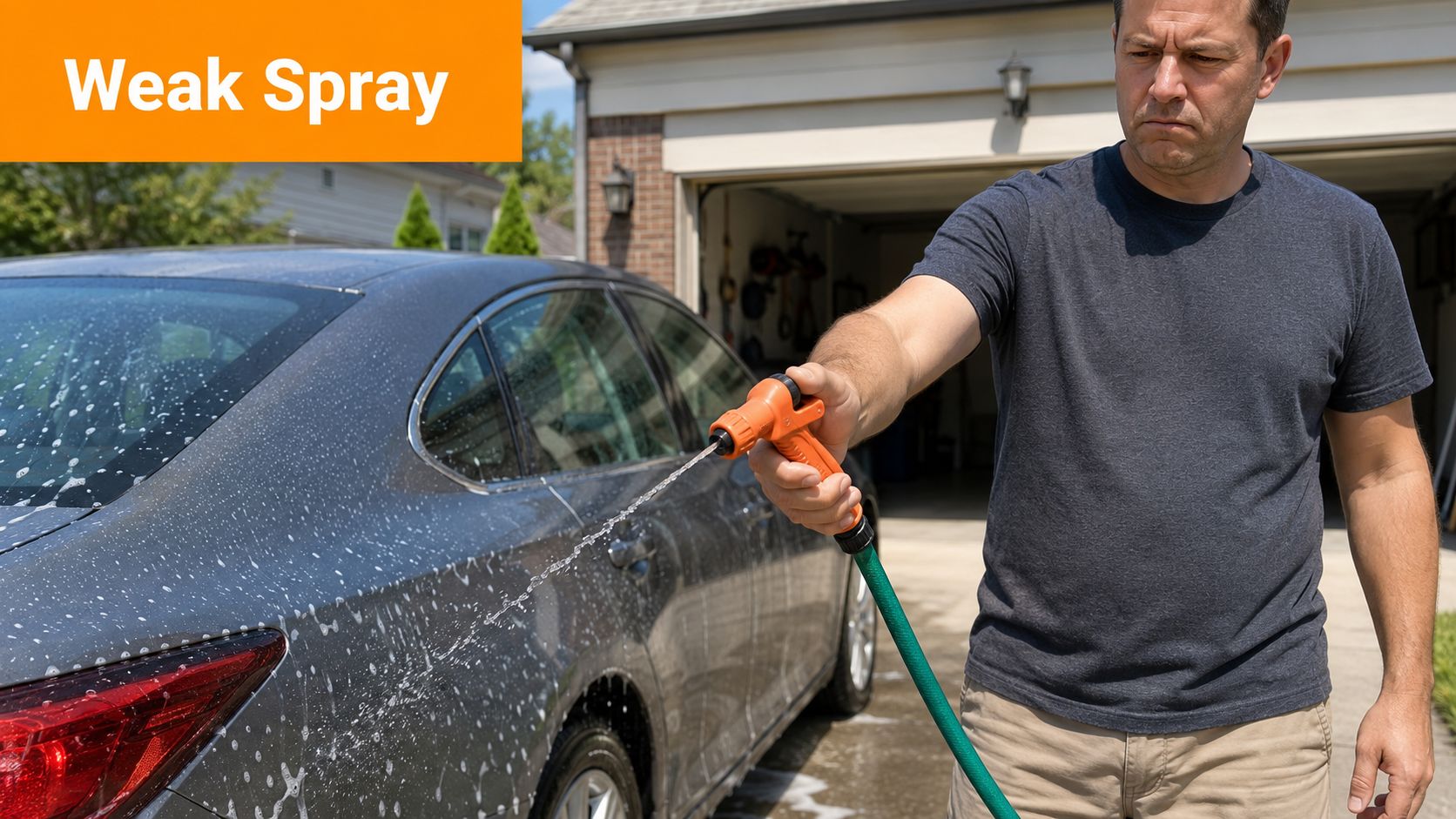 A man in a grey t-shirt holding a hose nozzle spraying water weakly onto a car.