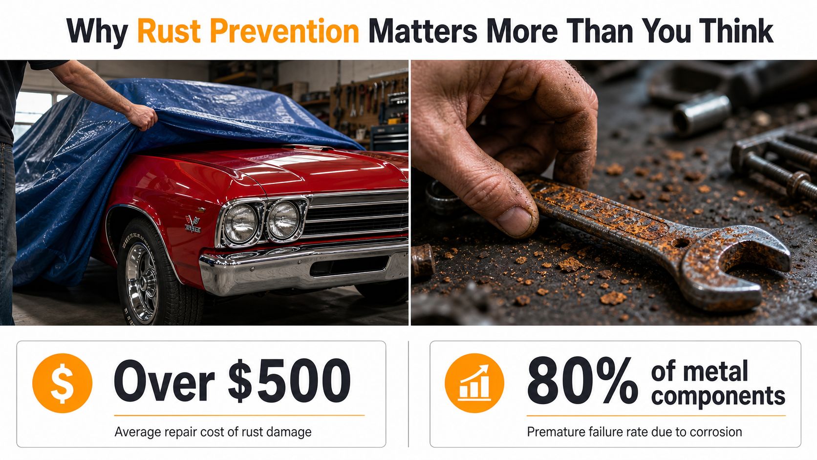 An infographic showing a red classic car being covered and a rusted wrench illustrating rust prevention importance.