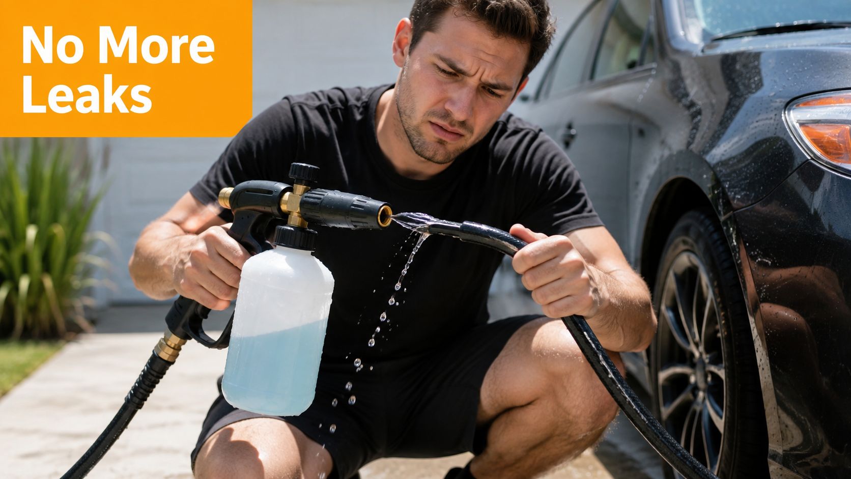 A man looking frustrated at a leaking foam cannon attachment while washing his car outdoors.