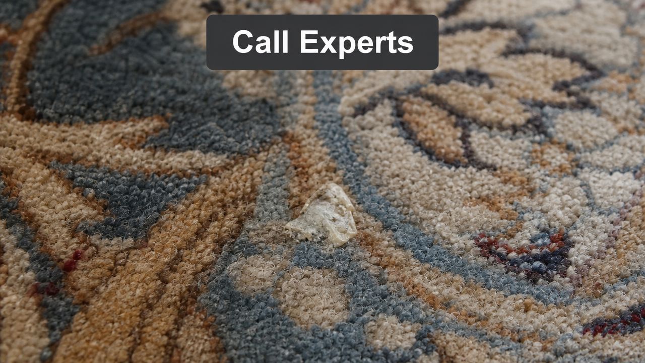A close-up view of a piece of hardened chewing gum stuck in a patterned rug.