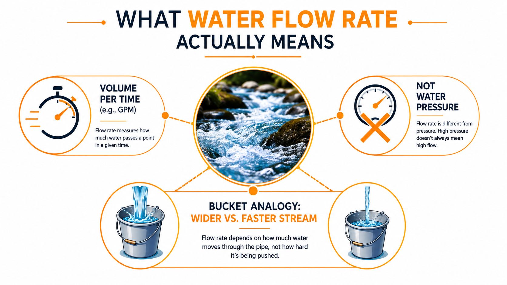 An infographic explaining water flow rate, showing volume over time, comparing it to pressure, and using bucket analogies.