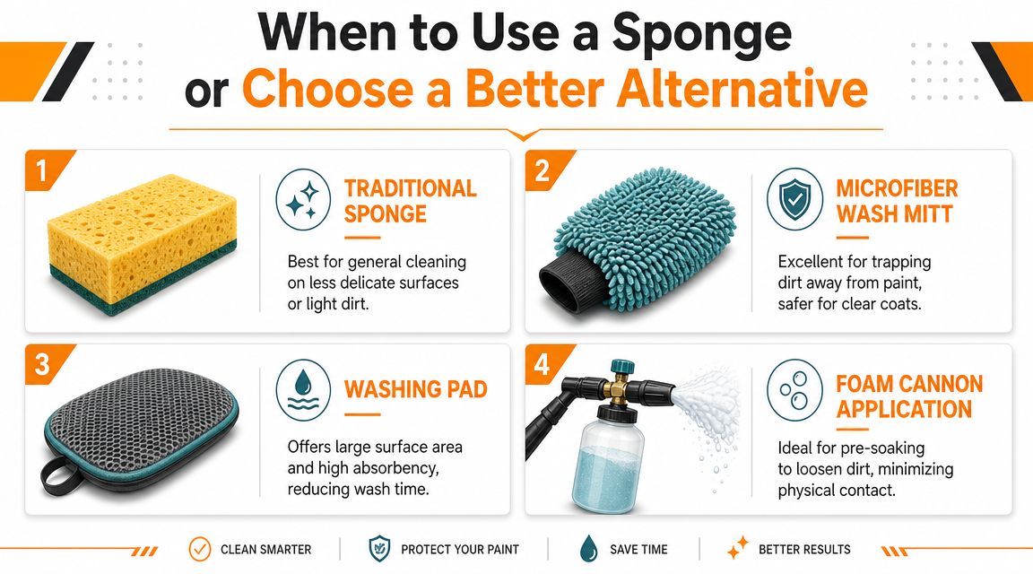 An infographic comparing a traditional cleaning sponge with safer automotive detailing alternatives like wash mitts and foam cannons.