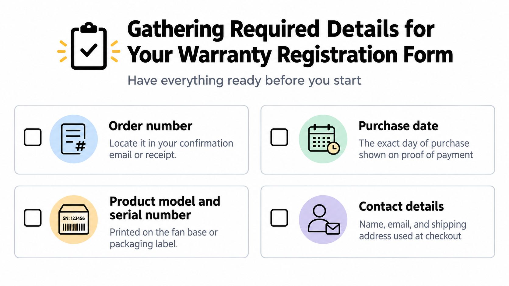 A checklist for gathering required details for a warranty registration form including order, date, model, and contact information.