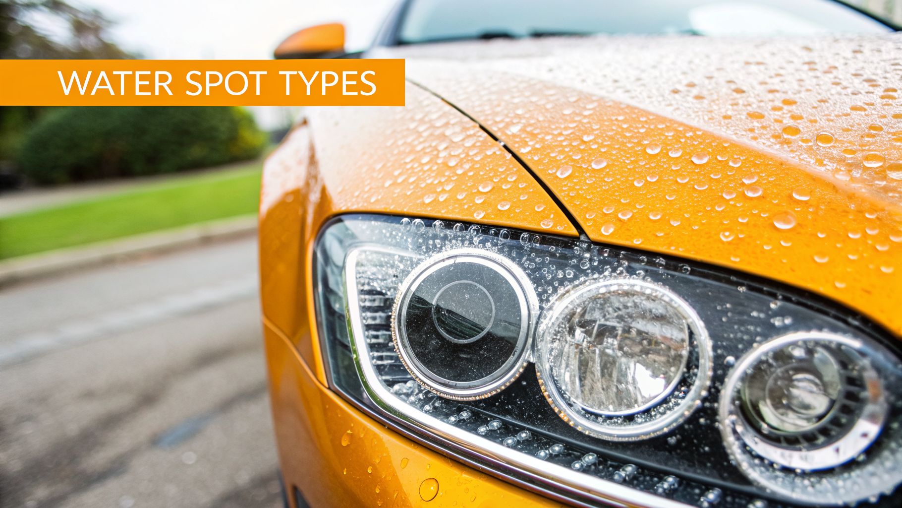 Close-up of an orange car's hood and headlight covered in many clear water droplets, with a banner that reads 'WATER SPOT TYPES'.