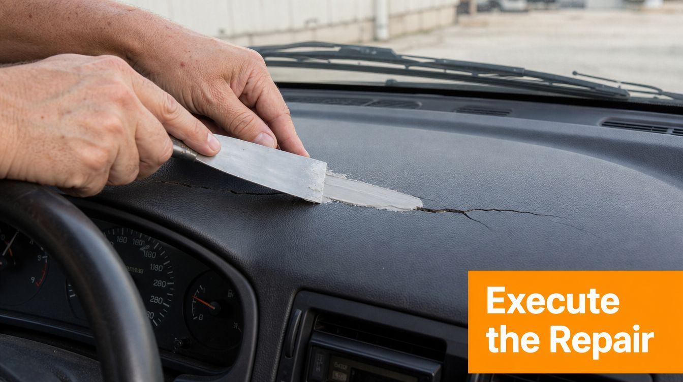 A person uses a putty knife to apply filler to a large crack on a car dashboard.