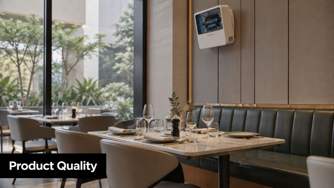 A modern restaurant interior featuring a wall-mounted air purifier above a luxury marble dining table setup.