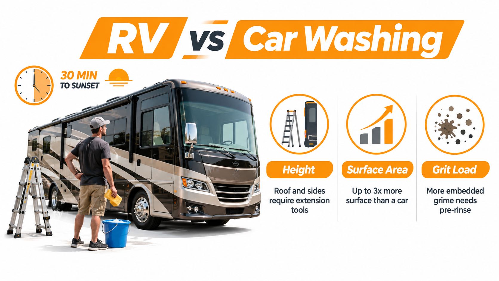 A man stands beside a large RV with cleaning supplies, comparing RV washing challenges to car washing.