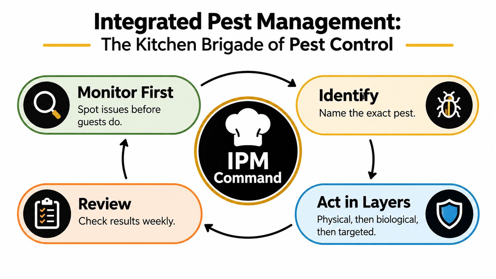 An infographic titled Integrated Pest Management showing a cycle of four steps for controlling kitchen pests.