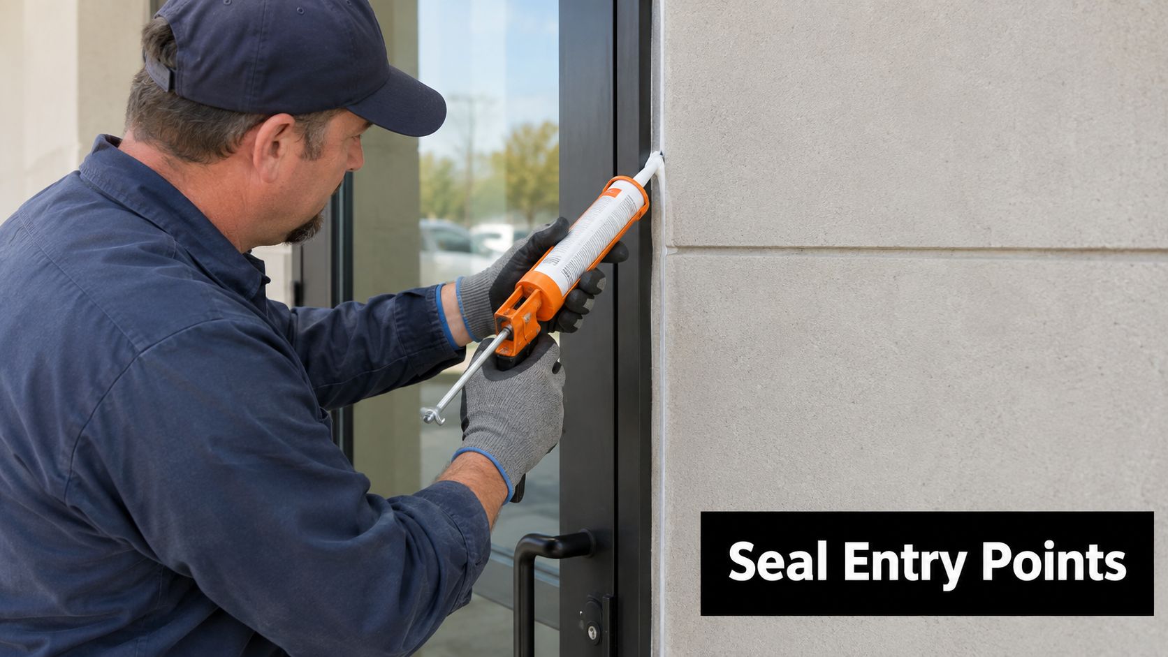 A professional maintenance worker applying sealant to the gap between a glass door frame and wall.