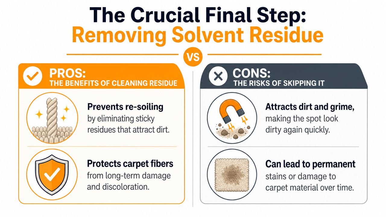 An infographic comparing the benefits of removing solvent residue versus the risks of skipping it on carpets.