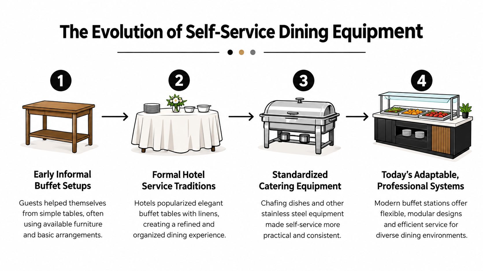 An infographic showing the chronological evolution of self-service dining equipment from simple wooden tables to modern buffet systems.