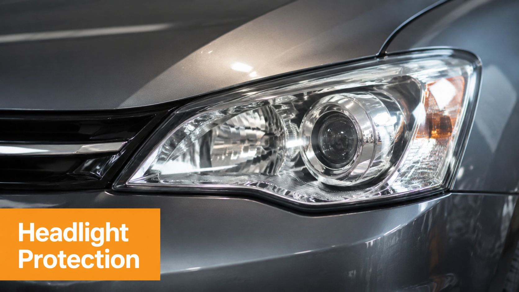 A close-up view of a modern gray car headlight featuring a clear and protected lens surface.