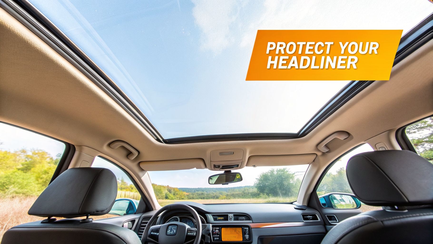 Interior view of a car with a panoramic sunroof, headliner, dashboard, and 'PROTECT YOUR HEADLINER' text.