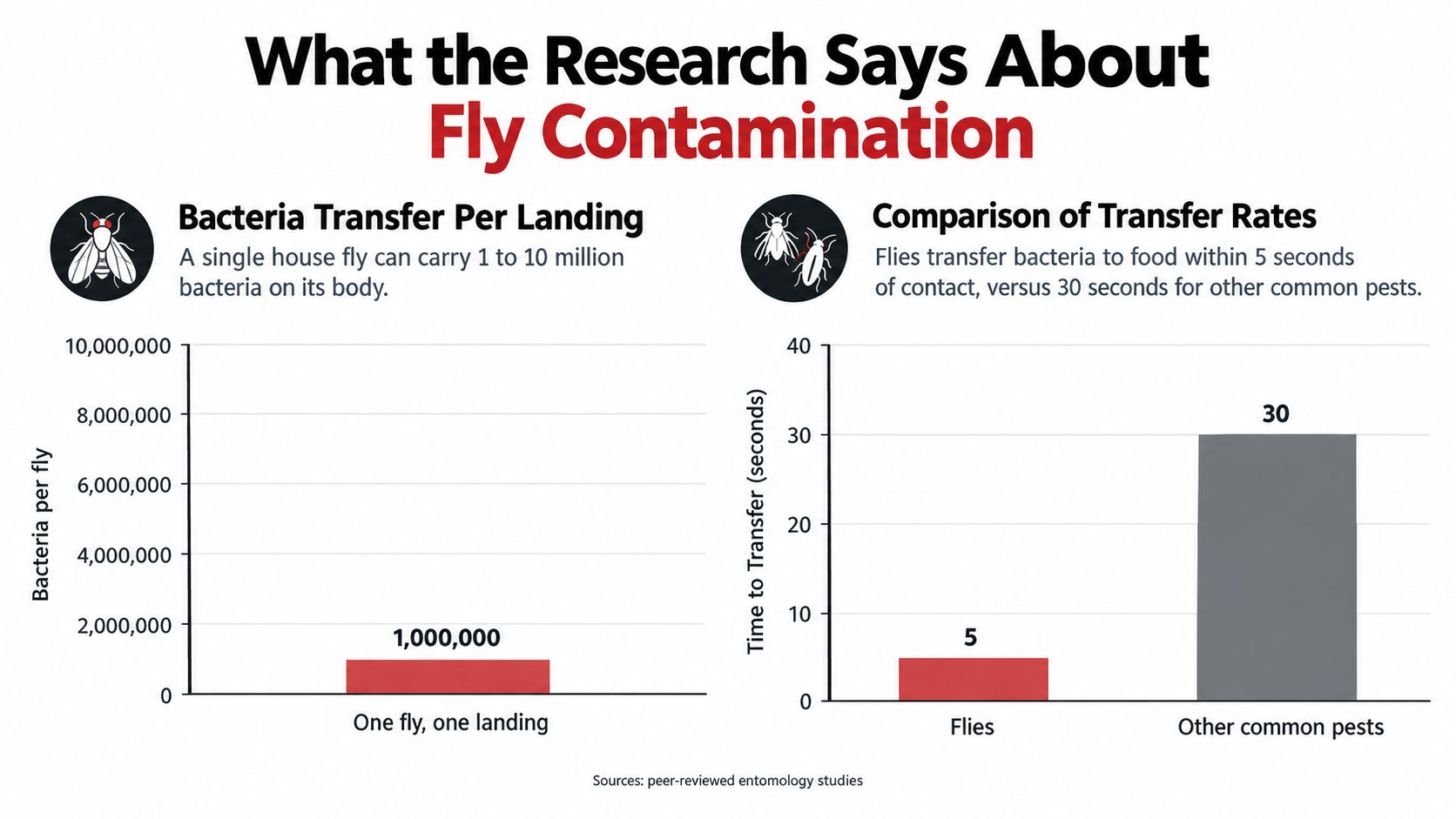 An infographic showing that flies carry millions of bacteria and transfer them to food within five seconds.