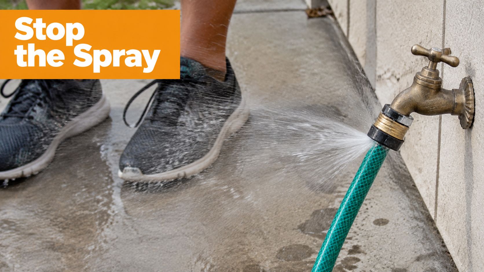 Water spraying from a damaged hose connection attached to an outdoor brass wall faucet on concrete.