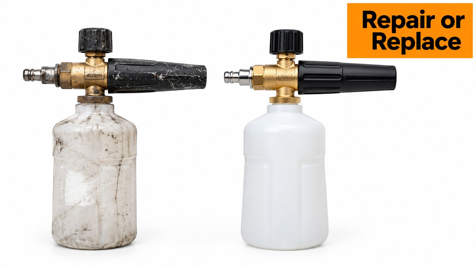 A side-by-side comparison of a dirty, used car foam cannon and a clean, brand new replacement.