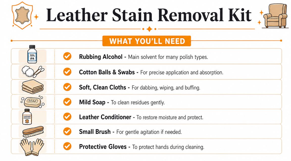 A list of essential items needed for a leather stain removal kit, including cleaning supplies and tools.