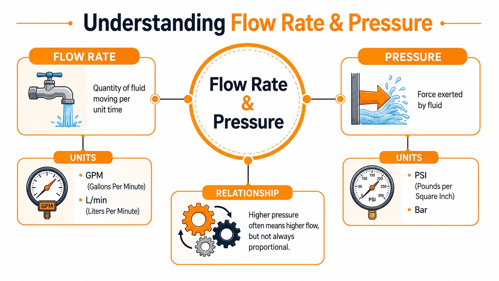An infographic explaining the relationship between fluid flow rate and pressure with relevant units and definitions.