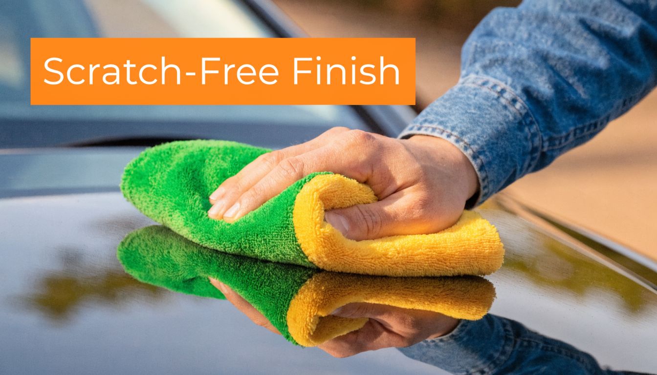 A person using a soft microfiber towel to polish and wipe clean a shiny black car exterior.