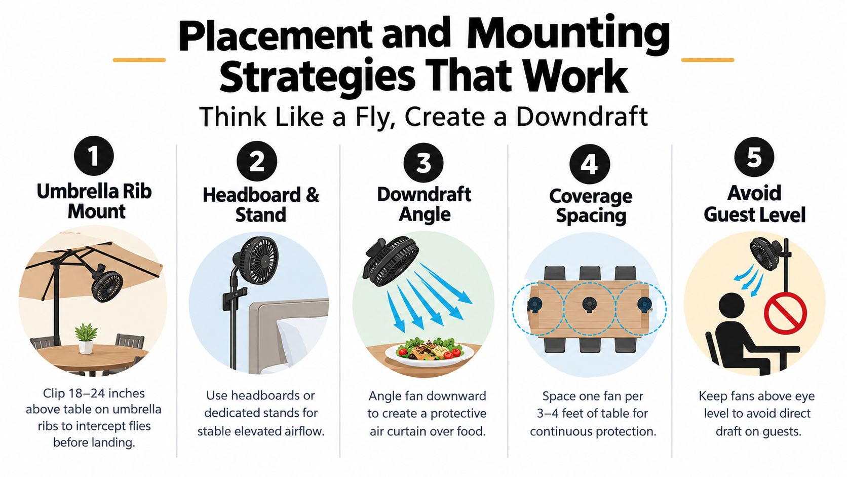 A diagram illustrating five effective placement and mounting strategies for using clip-on fans to repel flies.