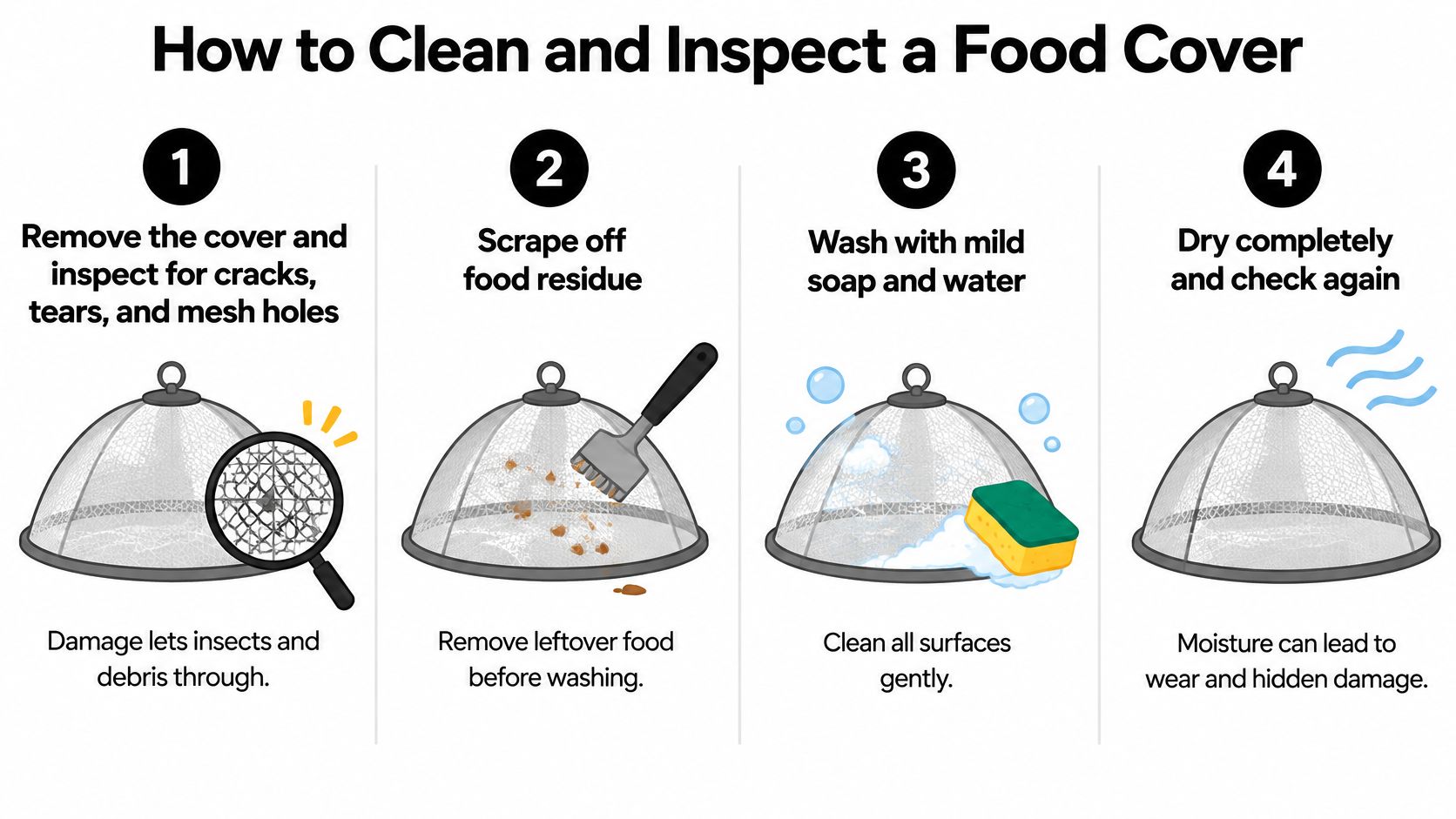 An infographic showing four simple steps to properly clean and inspect a mesh food cover for maintenance.