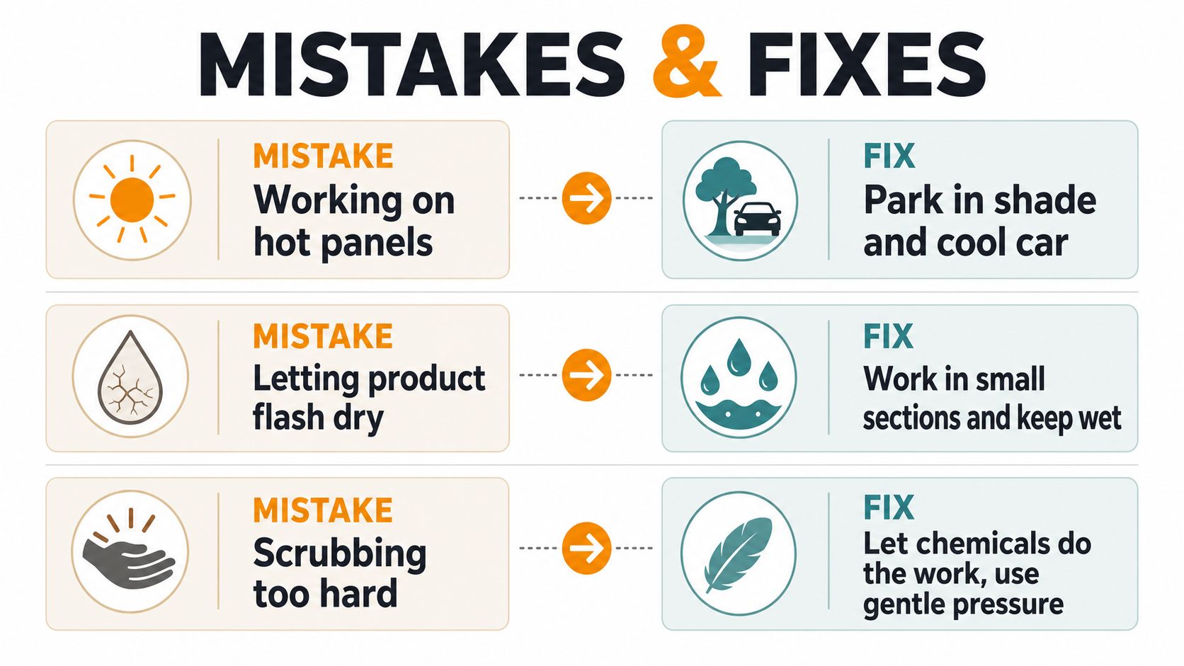 An infographic showing three common car detailing mistakes and their corresponding fixes to avoid damage.