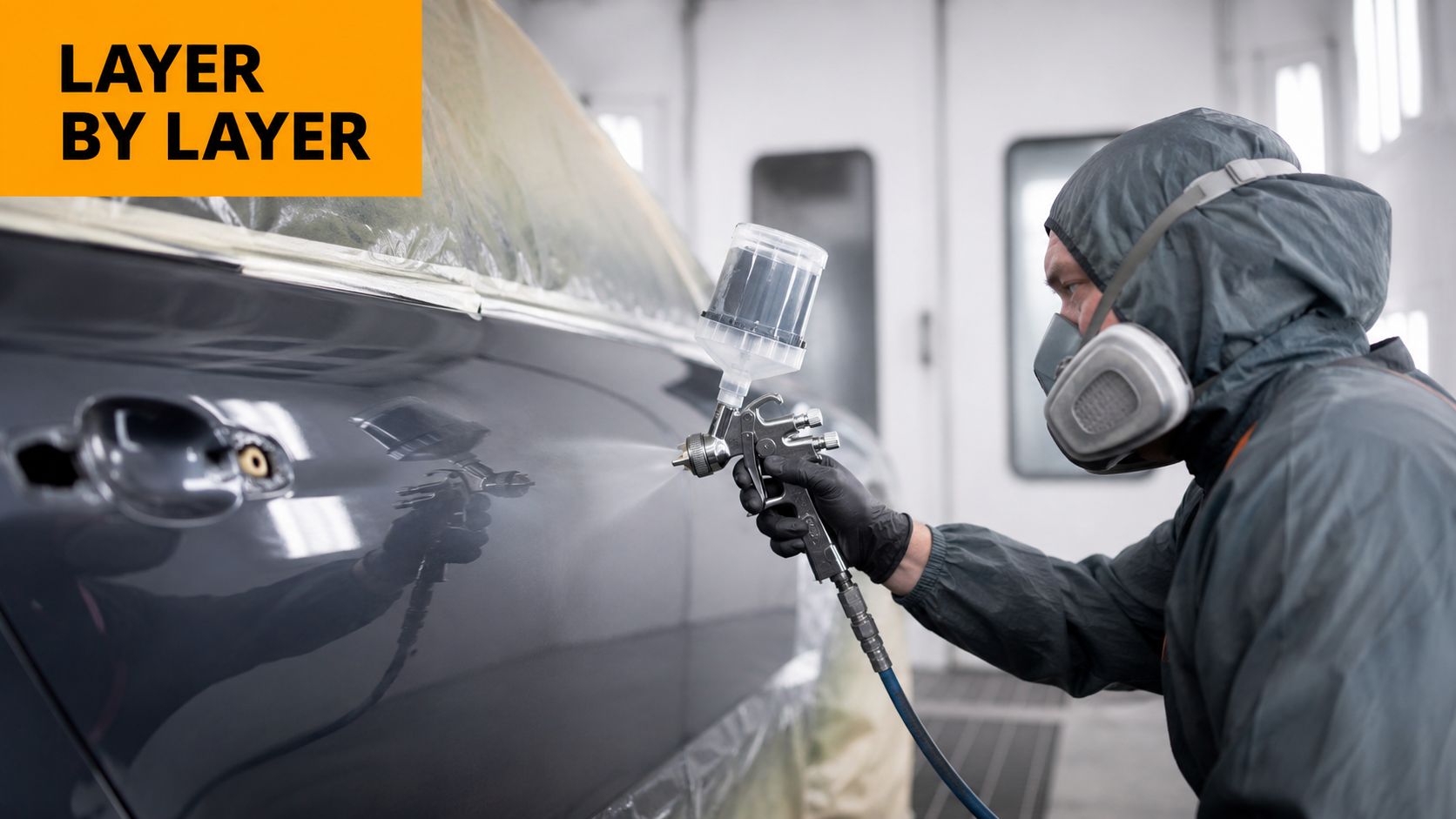 A professional automotive painter in protective gear uses a spray gun to paint a dark car.
