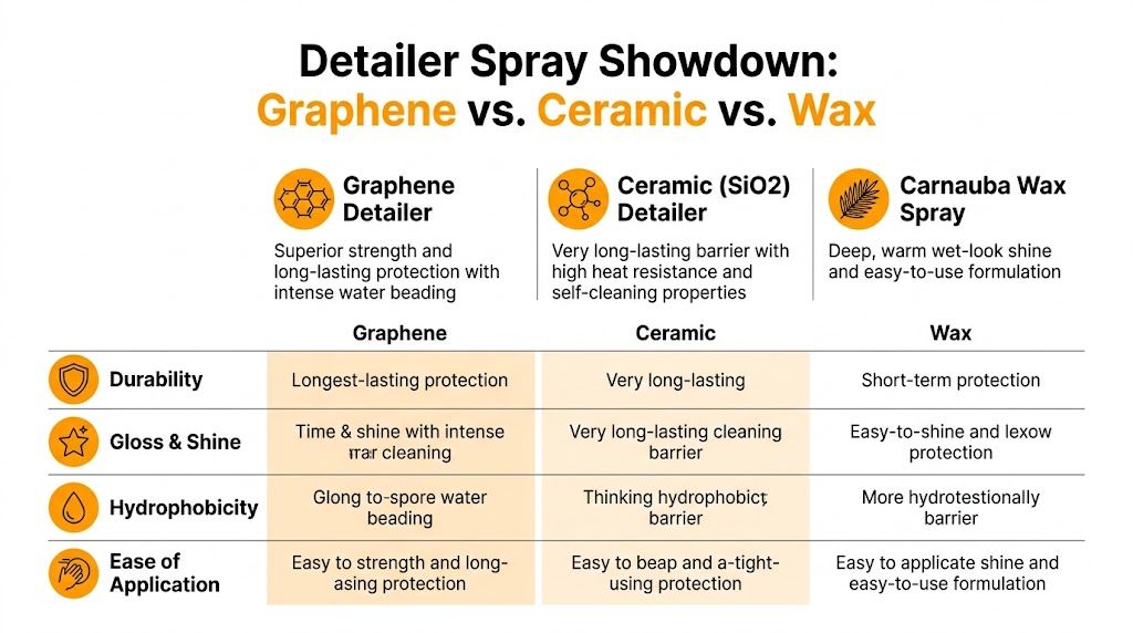 A comparison chart outlining the differences in durability, gloss, hydrophobicity, and application between Graphene, Ceramic, and Wax sprays.