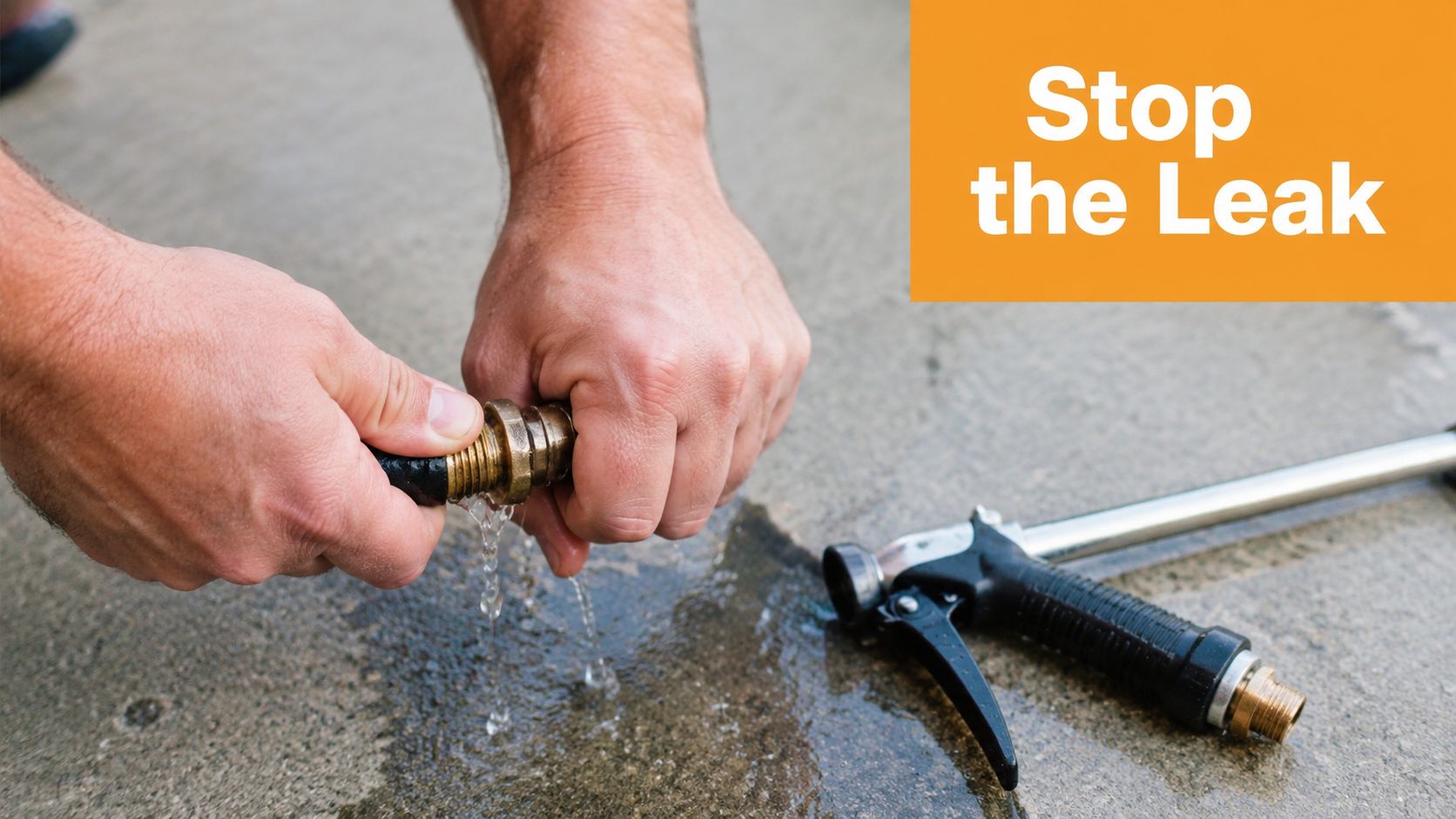 A person holding a leaking garden hose connector with a spray nozzle lying on the concrete ground.