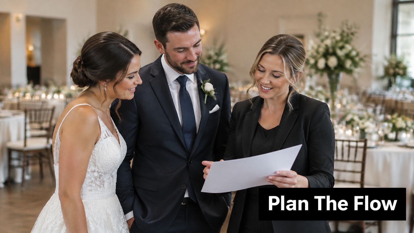 A wedding planner discusses the event schedule with a bride and groom at their reception venue.