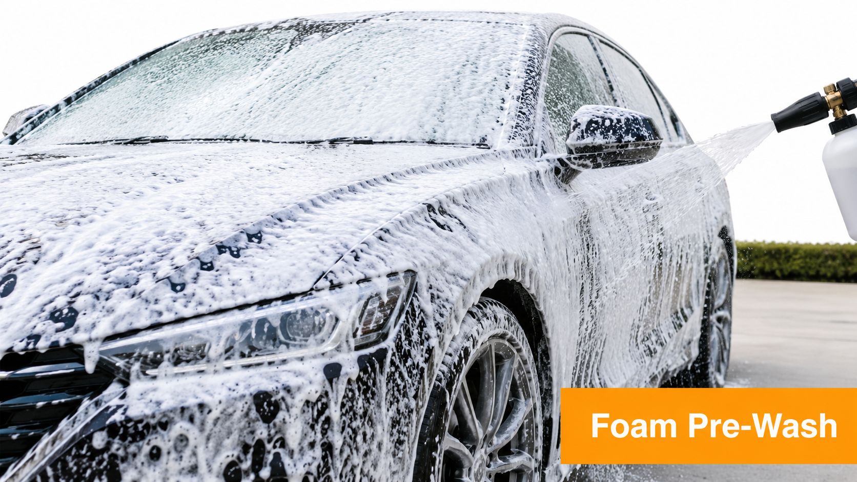 A black car being covered in thick white soap foam during a professional pre-wash process.
