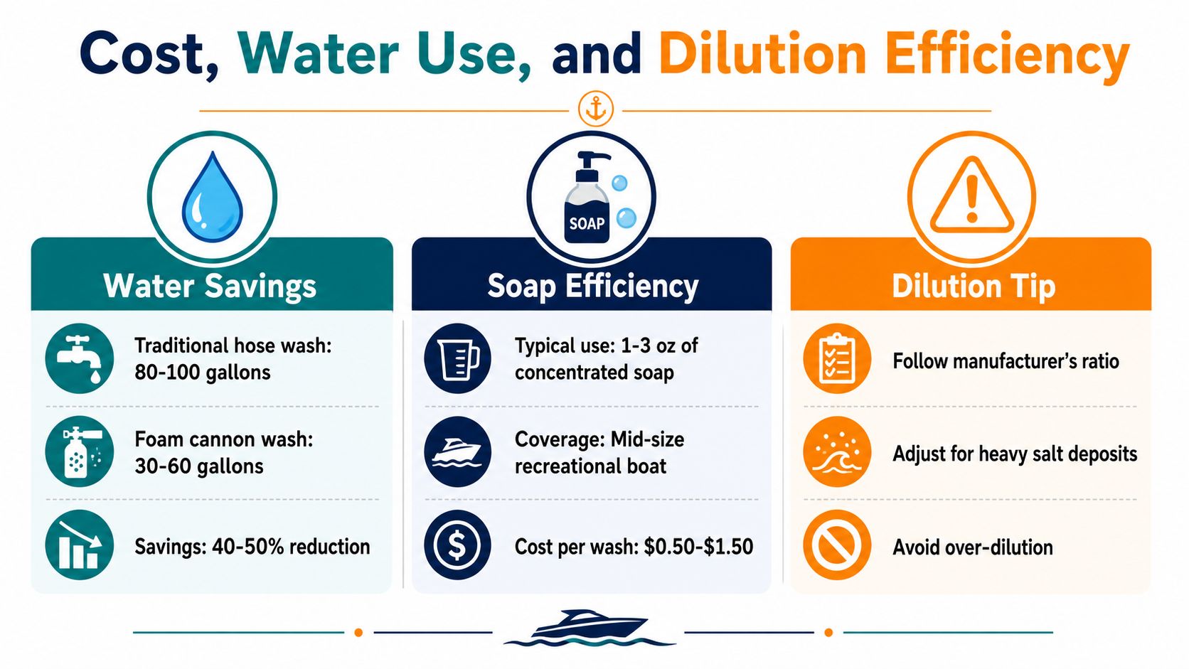An infographic comparing water usage, soap efficiency, and dilution tips for washing boats with foam cannons.