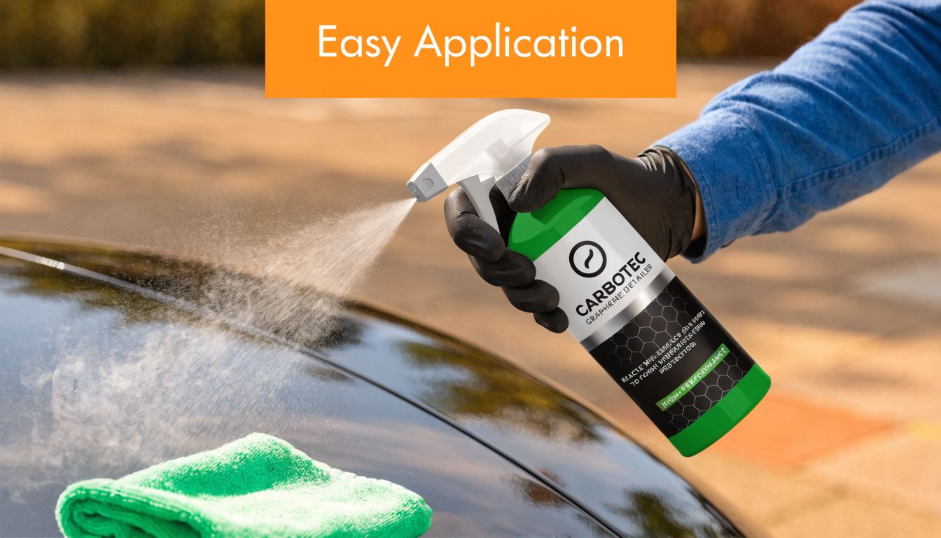 A gloved hand holding a spray bottle of Carbotec graphene detailer to apply on a black car.