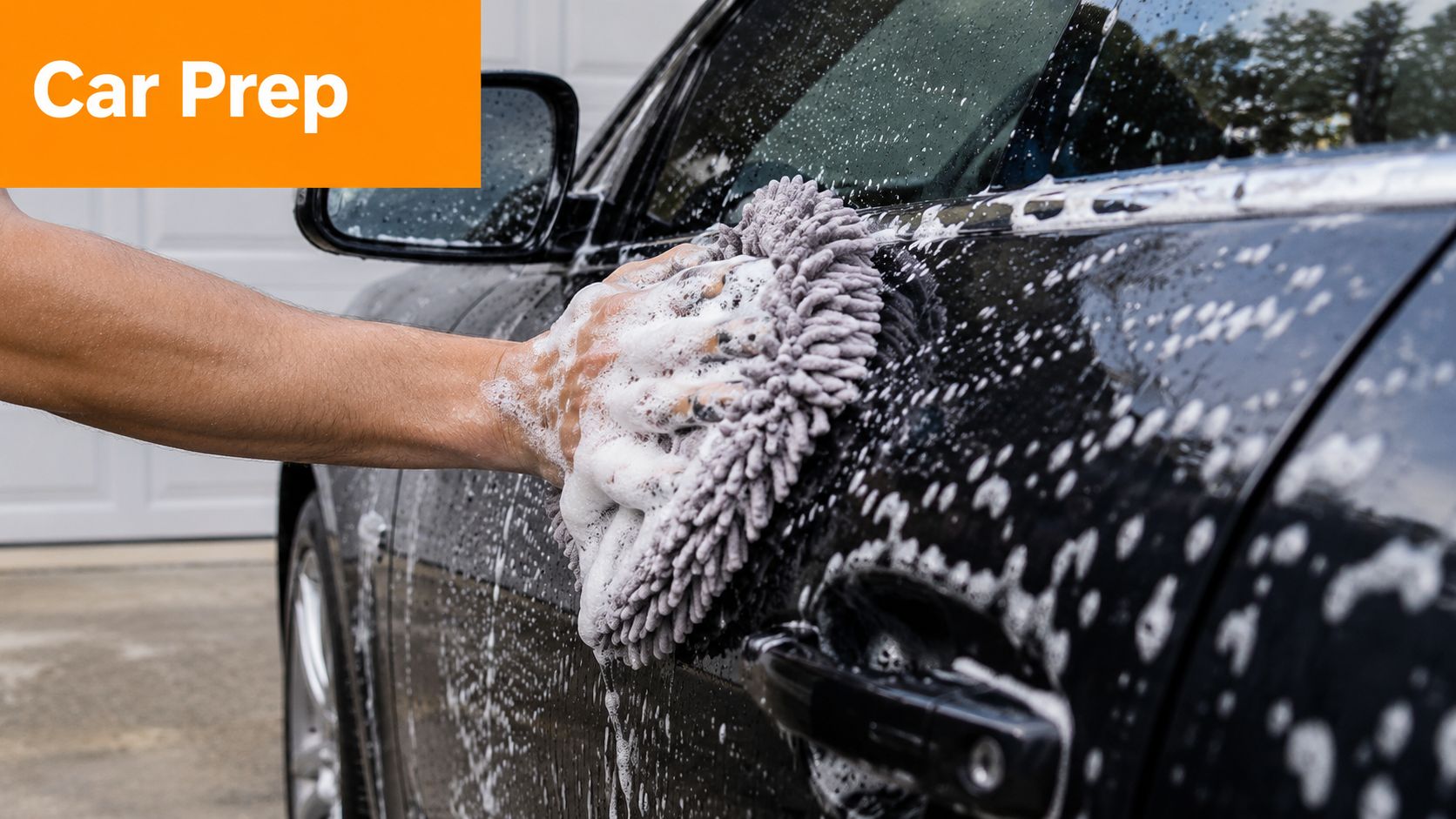 A person washing a black car door with a soapy grey microfiber mitt for thorough cleaning.