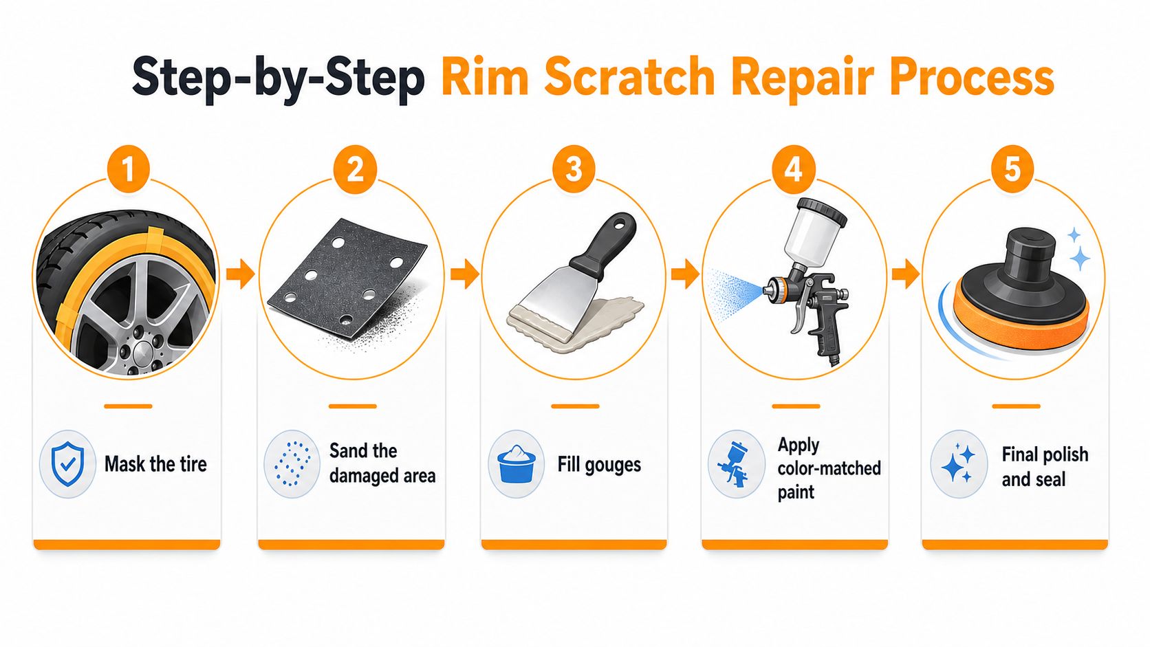 A five-step infographic illustrating the professional process for repairing scratches on a car wheel rim.